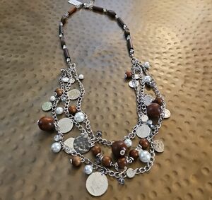 White House Black Market Silver and Brown Multi-Layer Necklace